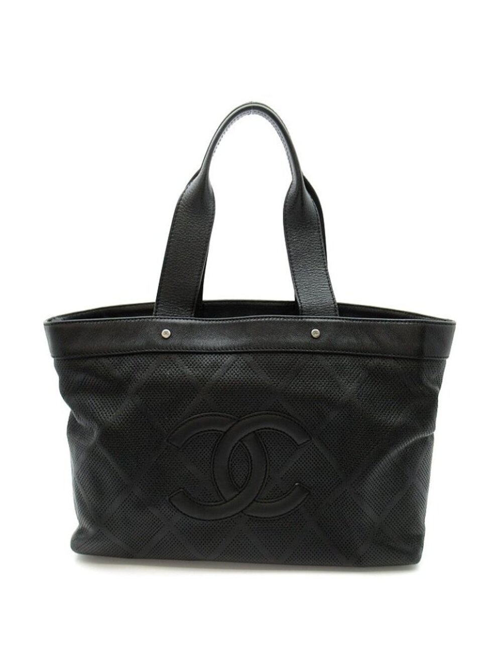 Chanel CC Logo Perforated Tote Bag Leather Black